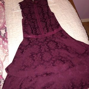 High-neck maroon flare dress
